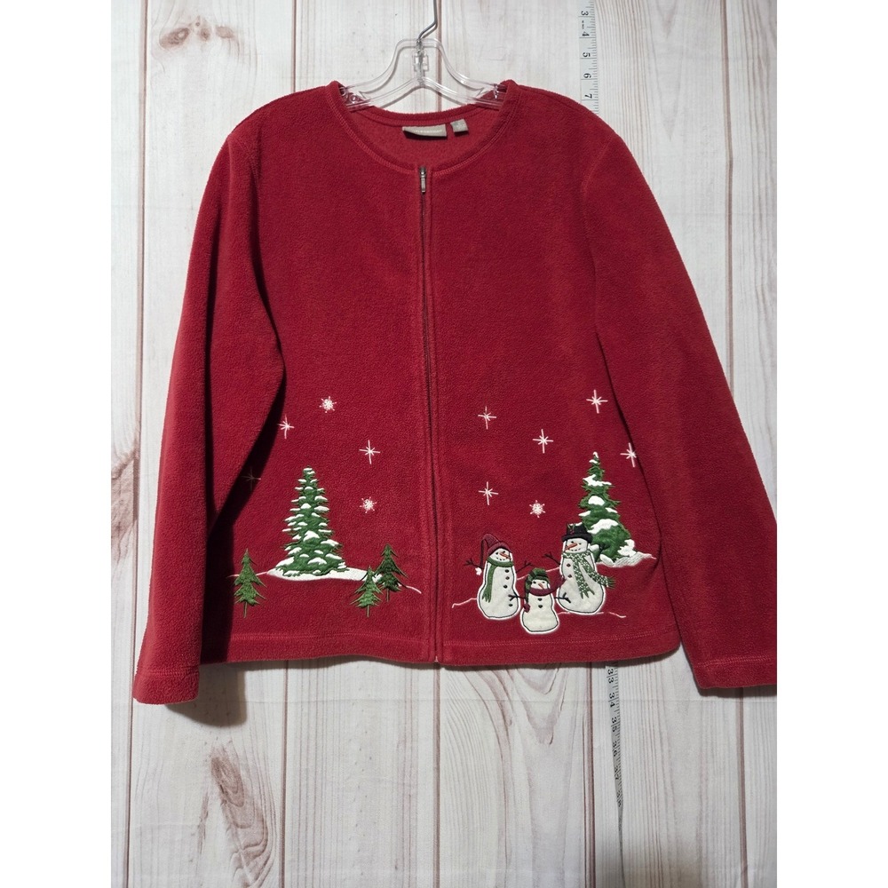 Red‎ Fleece Christmas Cardigan Ladies Large Snowman Tree  Holiday Sweater